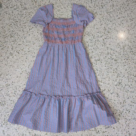 Tahari ASL Dresses & Skirts - 🩵SOLD🧡Tahari ASL Blue and Orange Striped Midi Dress With Puffy Sleeves